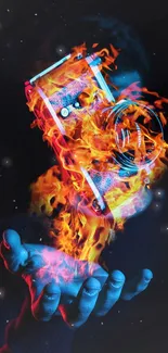 A camera engulfed in vibrant blue and orange flames held in an open hand.