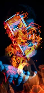 A camera surrounded by vibrant flames in an artistic mobile wallpaper.