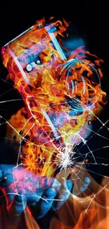 Dynamic wallpaper with fiery camera and shattered glass effect.