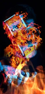 Fiery camera floating above a hand with vibrant colors and dramatic effect.