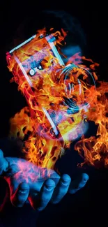 Vibrant wallpaper of a fiery camera floating above a hand.