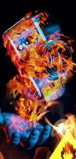 Artwork featuring a flaming camera held above a hand, with vibrant and striking colors.