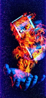 Artistic wallpaper of a camera in red and blue flames held by a hand.