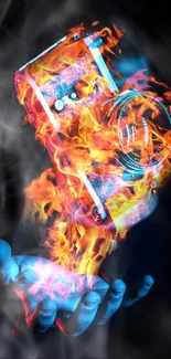 Colorful flaming camera in hand against a dark background.