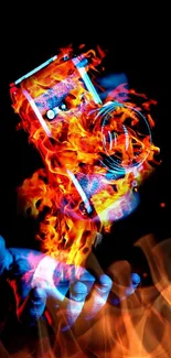 Fiery camera hovering above a hand in a dramatic mobile wallpaper.