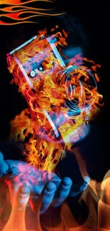 A camera engulfed in vibrant flames floating above a hand.