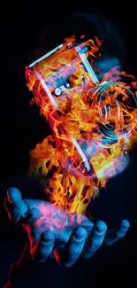 Floating camera engulfed in vibrant flames over a dark background.