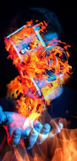 Fiery camera floating above hand with vibrant flames on mobile wallpaper.