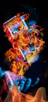 Fiery camera above a hand in a vibrant digital artwork.