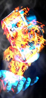 Fiery camera floating above glowing hand with vibrant flames.