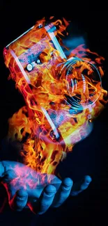 A camera engulfed in vibrant flames above an open hand on dark background.