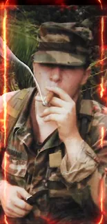 Soldier in camouflage with dynamic fiery border wallpaper.