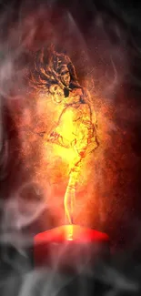 Fiery figure emerging from candle flame on dark background.