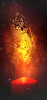 Fiery dancer emerging from candle flames with cosmic background.