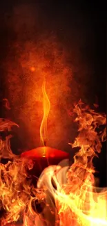 Fiery candle with flames in darkness, vibrant mobile wallpaper.