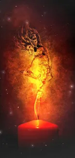 Fiery figure rising from candle flame on dark background.