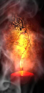 Fiery figure emerging from a red candle flame.