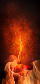 Mobile wallpaper with a glowing red candle flame on a dark background.