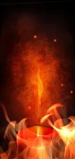 Fiery candle wallpaper with warm glowing flames on a dark background.