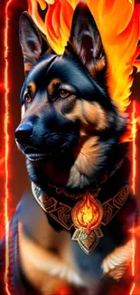 Noble dog with fiery flames in vivid artwork wallpaper.