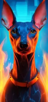 Digital art of a dog with fiery hues and vibrant blue flames.