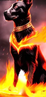 Fiery black dog surrounded by flames.