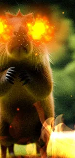 Capybara with fiery eyes on lush green background.