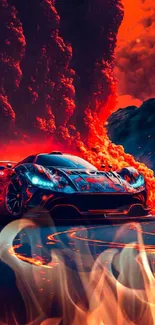 Vivid wallpaper of a car with fiery flames and dramatic dark background.