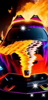 Futuristic sports car with fiery colors and neon lighting on a wallpaper.