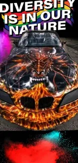 Fiery car artwork with a diversity message in bold colors.