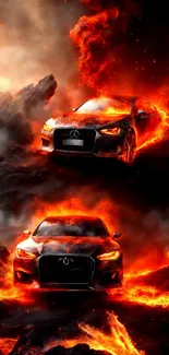 Car driving through fiery lava in an intense mobile wallpaper.