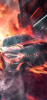 Fiery sports car racing with flames in an urban setting.