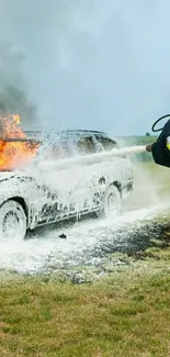 Firefighter extinguishing a car fire with foam.