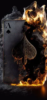 Ace of spades card engulfed in flames with smoke.