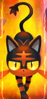 Fiery cartoon cat with vibrant background.