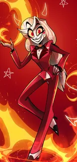 Cartoon character in red suit with fiery background and swirling flames.