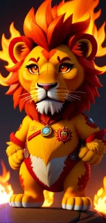 Animated lion with fiery mane on vibrant wallpaper.