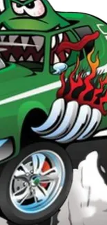 Cartoonish green muscle car with fiery exhaust design.