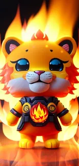 A cute cartoon tiger with flames background.