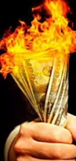 A hand holds cash with vivid flames, symbolizing risk and wealth.