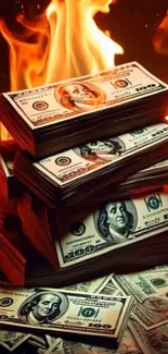 Stacks of cash amid fiery flames wallpaper.