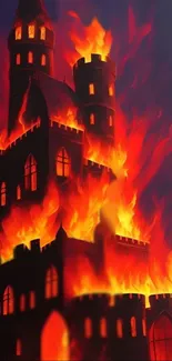 Mobile wallpaper of a castle surrounded by bright flames in a dark fantasy theme.