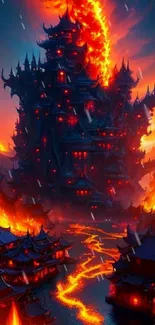 Fiery castle with lava streams and glowing vibrant orange hues.