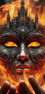 Fiery mask with castle and flames, mobile wallpaper art.