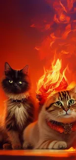 Two cats with fiery background in mobile wallpaper.