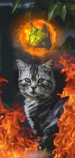 Majestic cat amidst flames with a mystical feline portrait overhead.