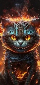 Fiery cat with glowing eyes in fantasy artwork.