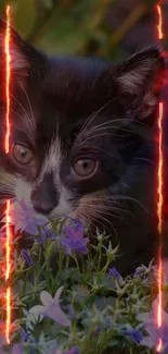 Black and white kitten surrounded by purple flowers and fiery effects.