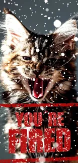 Fierce cat with 'You're Fired' text on a snowy background.