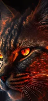 Fiery cat with orange eyes and glowing detail in a dark artistic setting.